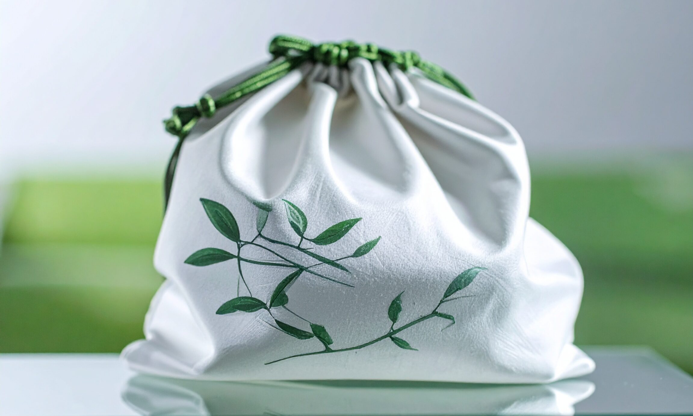 Firefly_ große Stofftasche liegt auf einer Glasplatte, schlicht, edel, hochwertig, mit Spiege 216935